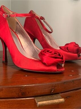 Red Peep-Toe Ankle Strap Heels with Rosette Accent